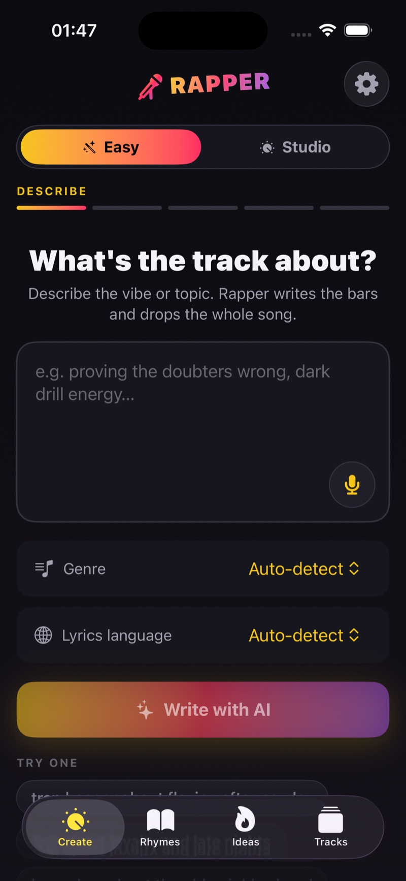 Easy mode describe screen