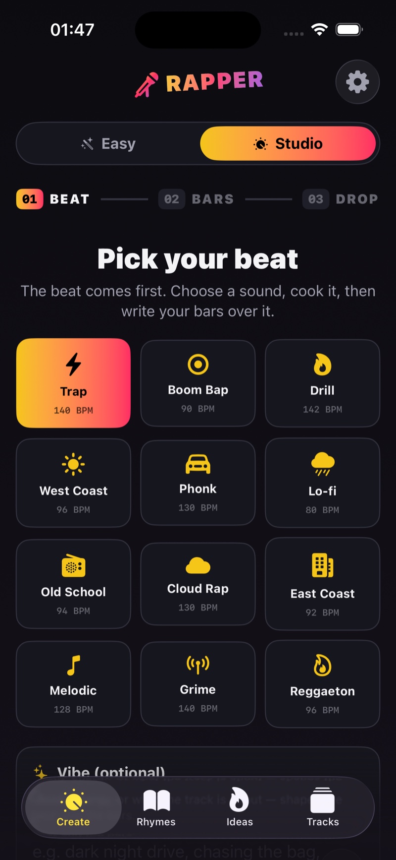 Studio: pick your beat, twelve genres with tempos